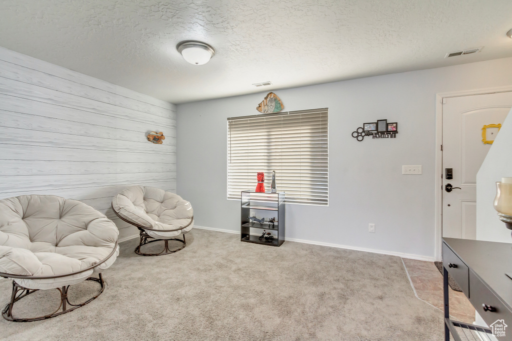 Living area featuring carpet flooring, visible vents, and a textured ceiling