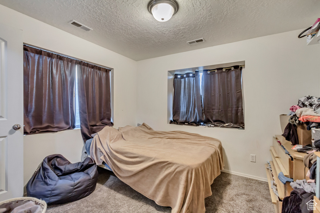 Bedroom with visible vents, a textured ceiling, baseboards, and carpet floors