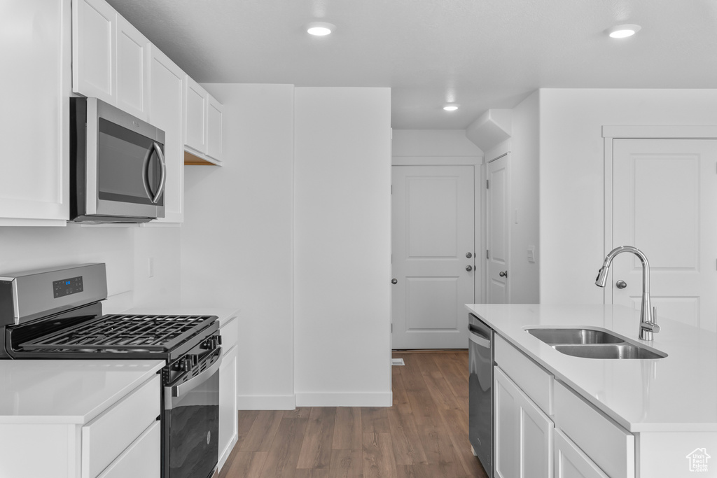 Kitchen featuring a sink, wood finished floors, recessed lighting, stainless steel appliances, and light countertops