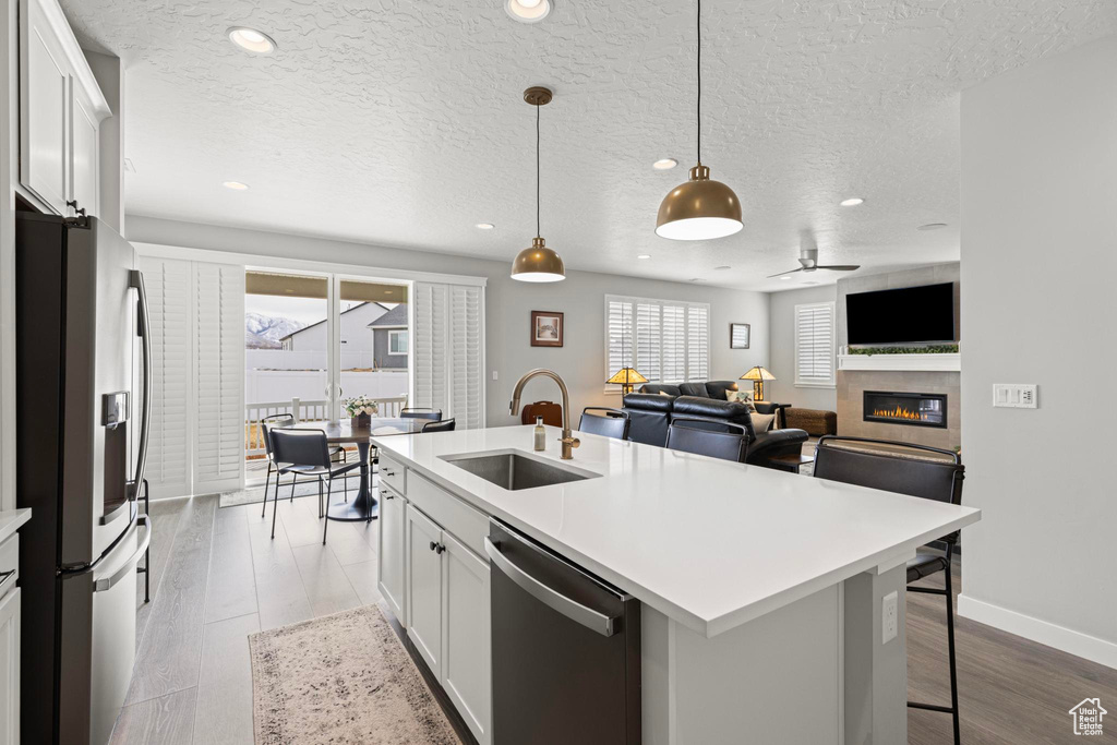 Kitchen featuring wood finished floors, a sink, stainless steel appliances, light countertops, and a glass covered fireplace