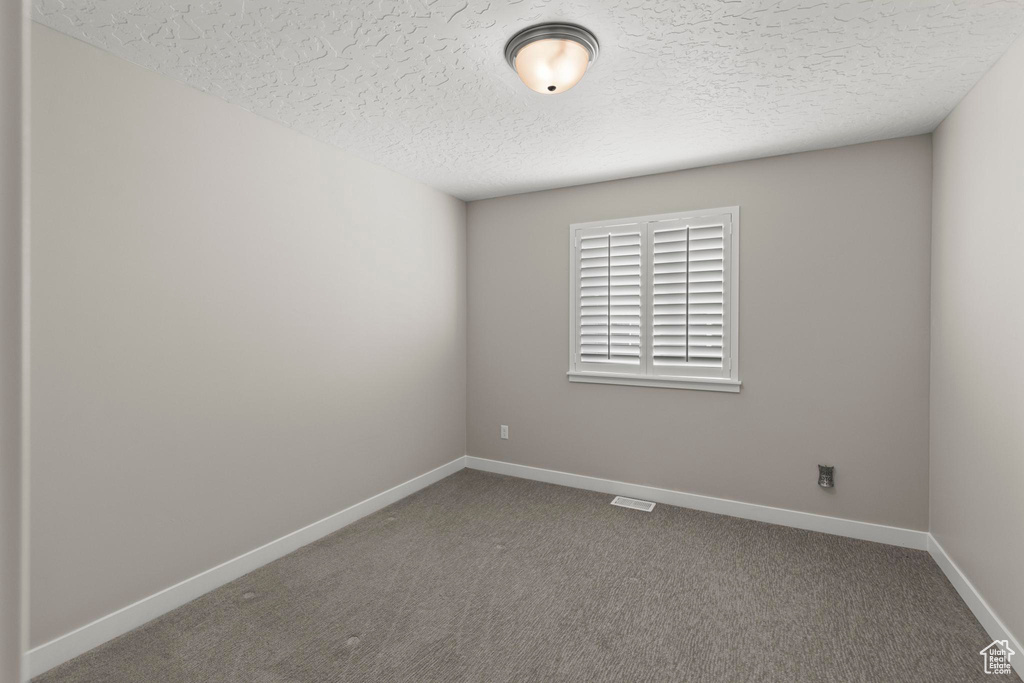 Empty room featuring a textured ceiling, baseboards, and carpet floors