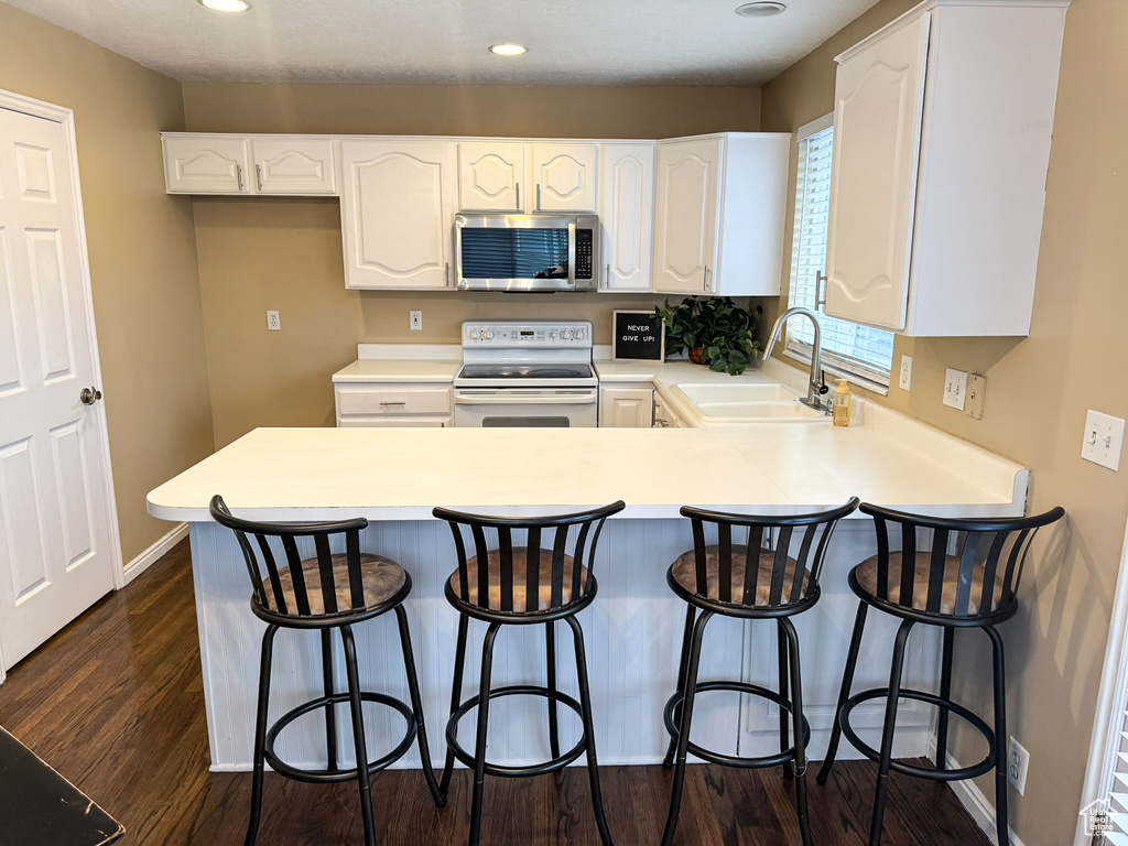 Kitchen with stainless steel microwave, dark wood finished floors, a peninsula, electric stove, and a sink