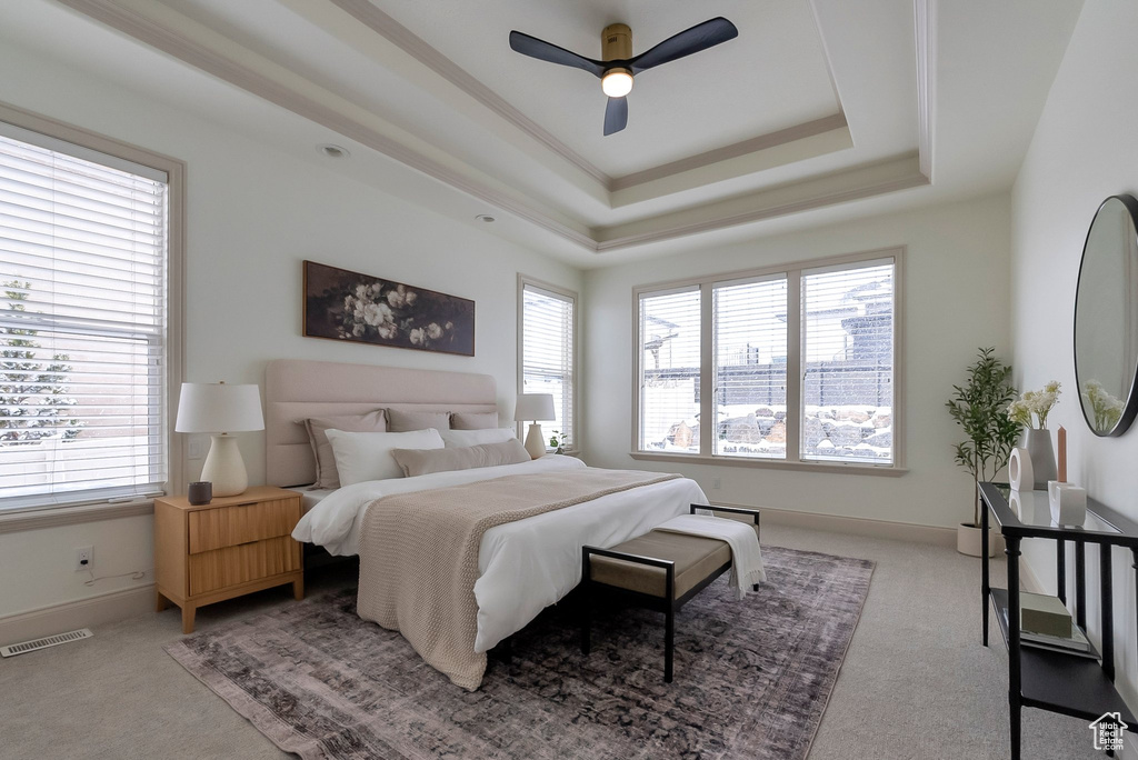 Bedroom featuring visible vents, ceiling fan, baseboards, carpet, and a tray ceiling