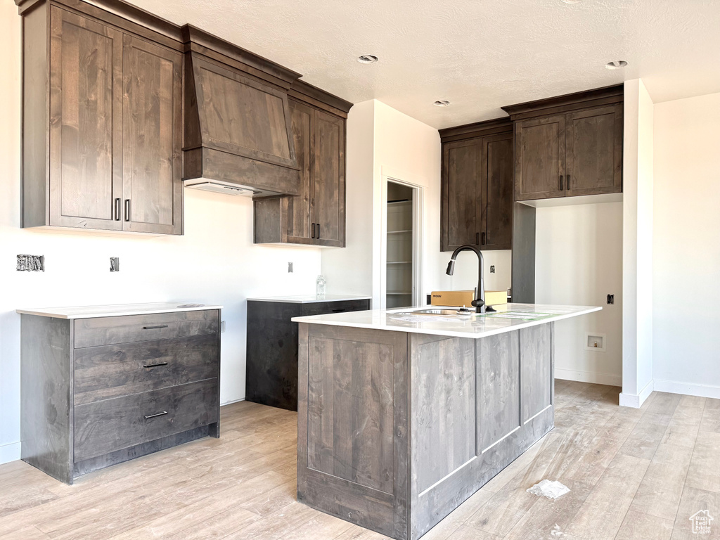 Kitchen featuring light wood finished floors, dark brown cabinets, an island with sink, and a sink