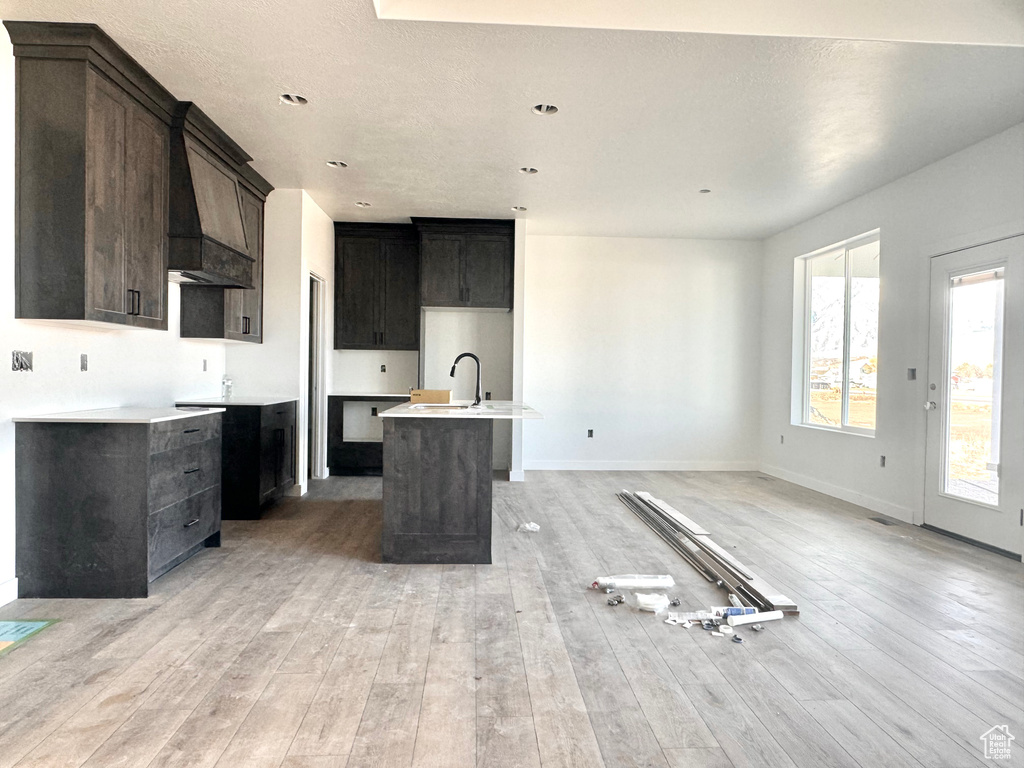 Kitchen with baseboards, an island with sink, light wood-style floors, and a sink