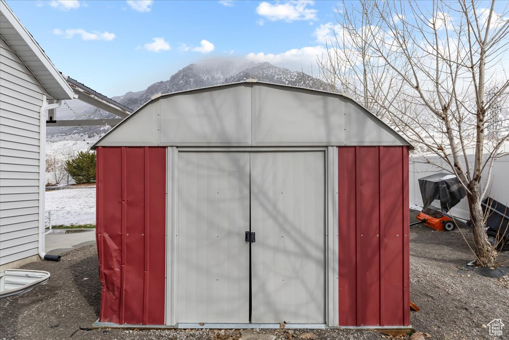 View of shed featuring a mountain view