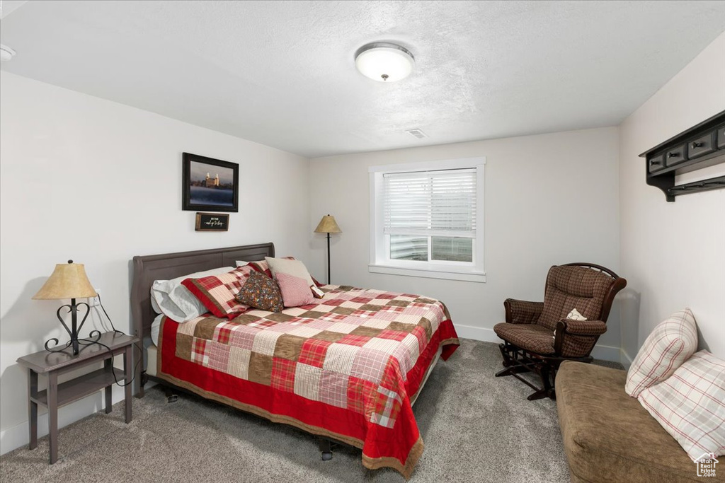 Carpeted bedroom with baseboards and a textured ceiling