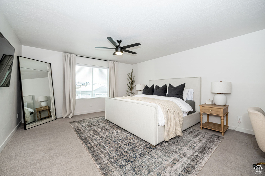 Carpeted bedroom featuring a ceiling fan, baseboards, and a textured ceiling