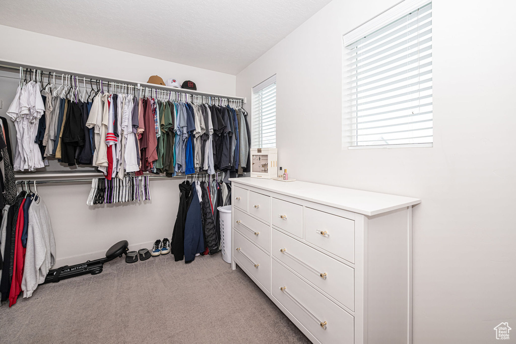 Spacious closet with light carpet