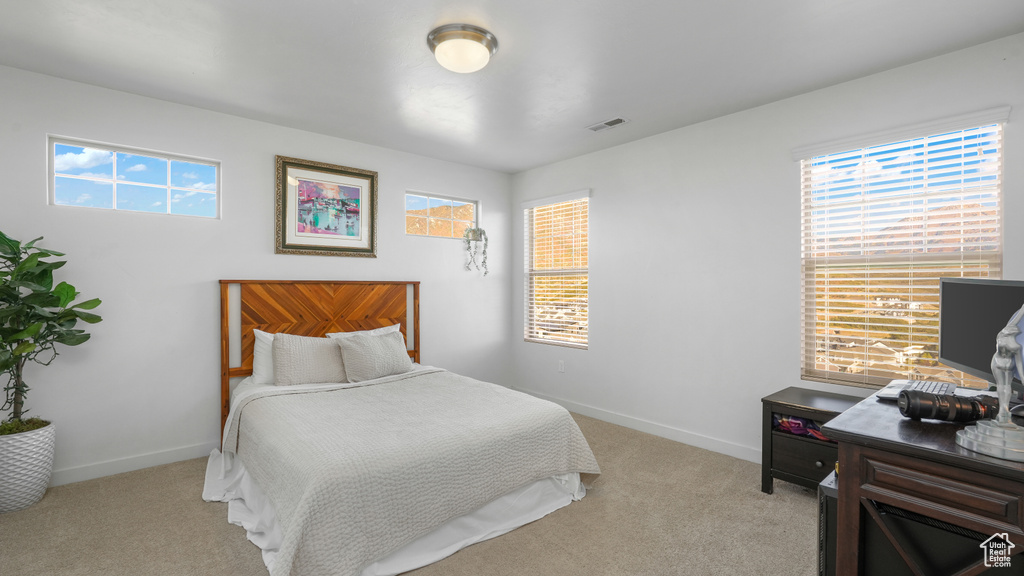 Bedroom with visible vents, carpet floors, and baseboards