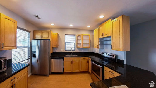 Kitchen with appliances with stainless steel finishes, a sink, plenty of natural light, glass insert cabinets, and recessed lighting