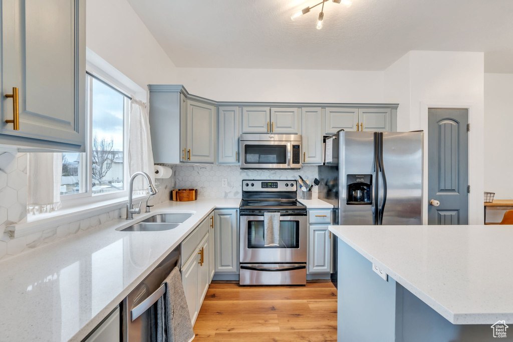 Kitchen featuring backsplash, gray cabinetry, appliances with stainless steel finishes, and a sink