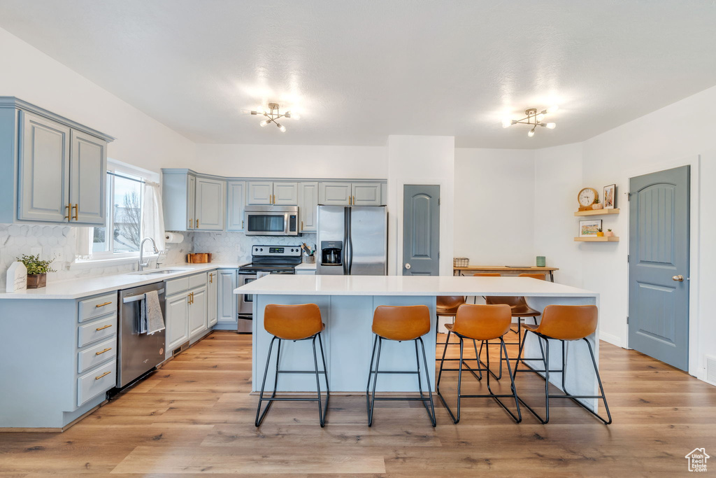 Kitchen featuring light wood finished floors, a kitchen island, a sink, appliances with stainless steel finishes, and a kitchen bar