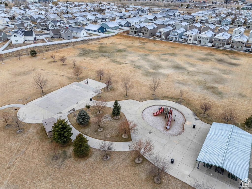 Birds eye view of property with a residential view