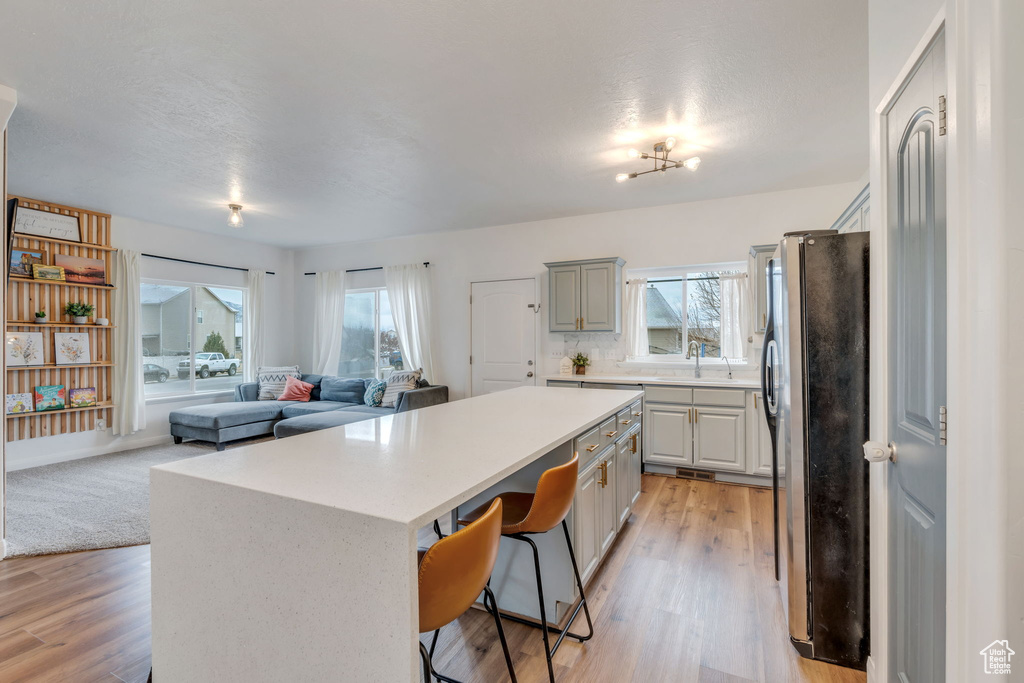 Kitchen with gray cabinets, a kitchen island, open floor plan, freestanding refrigerator, and a healthy amount of sunlight