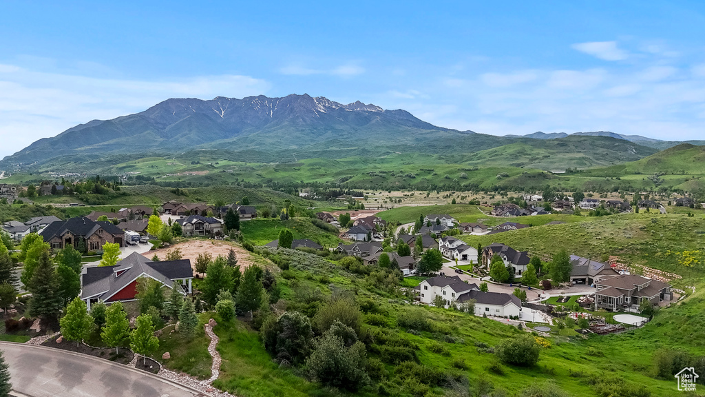 Aerial view of residential area featuring a mountainous background