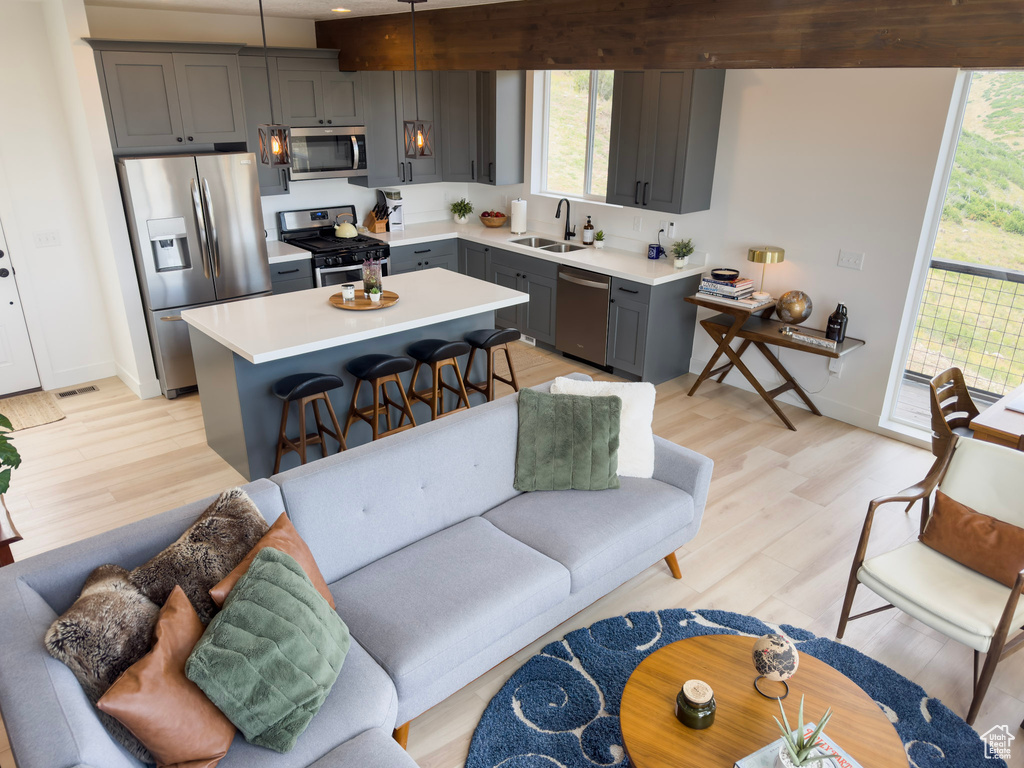 Living room featuring visible vents, a healthy amount of sunlight, baseboards, and light wood finished floors