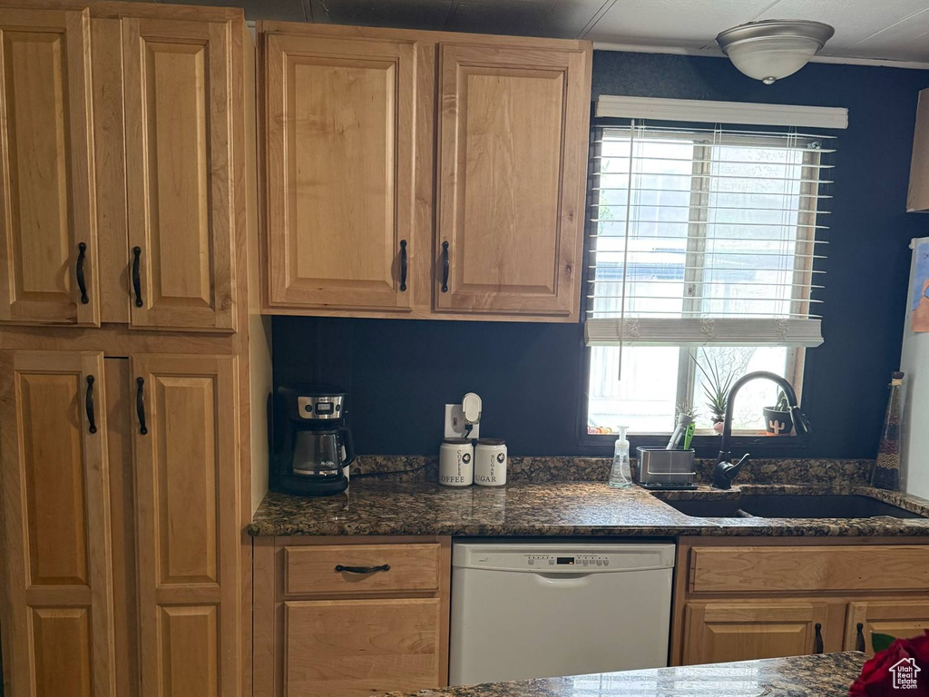 Kitchen featuring white dishwasher, a sink, and dark stone countertops
