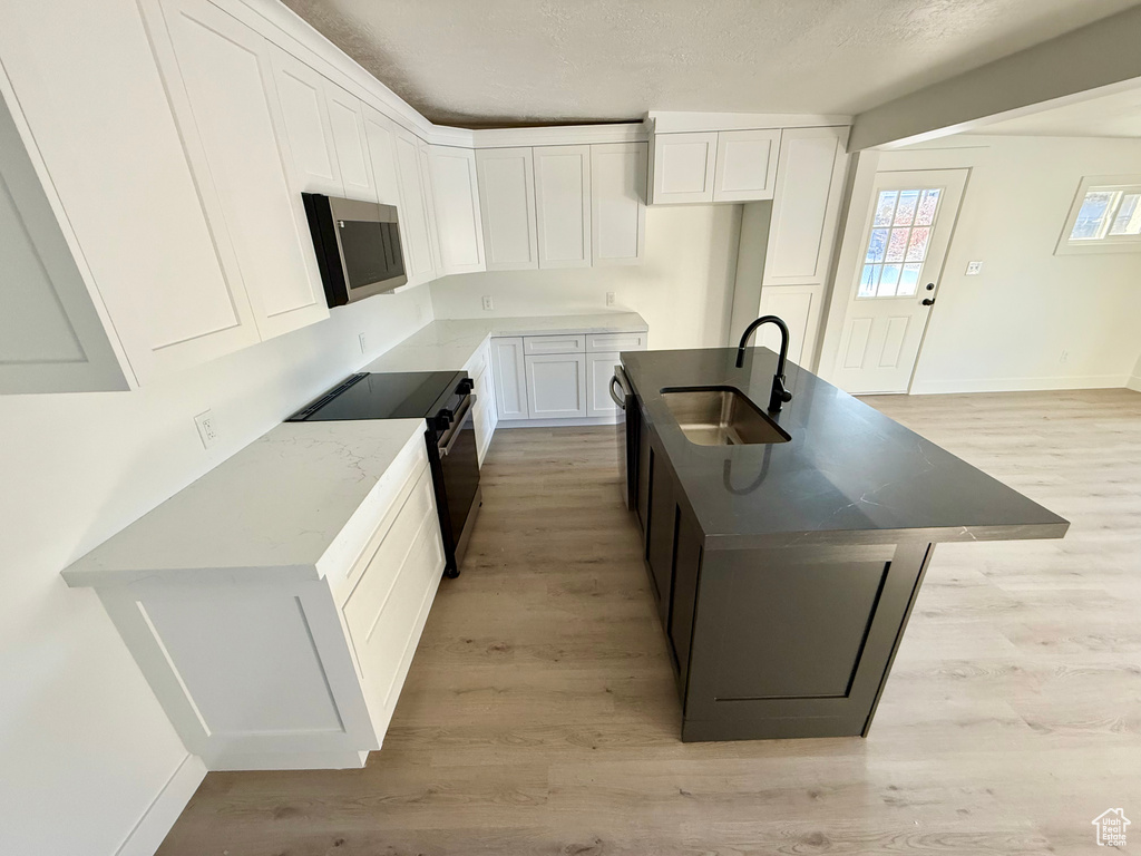 Kitchen featuring light wood-style flooring, a sink, stainless steel microwave, black range with electric cooktop, and white cabinets