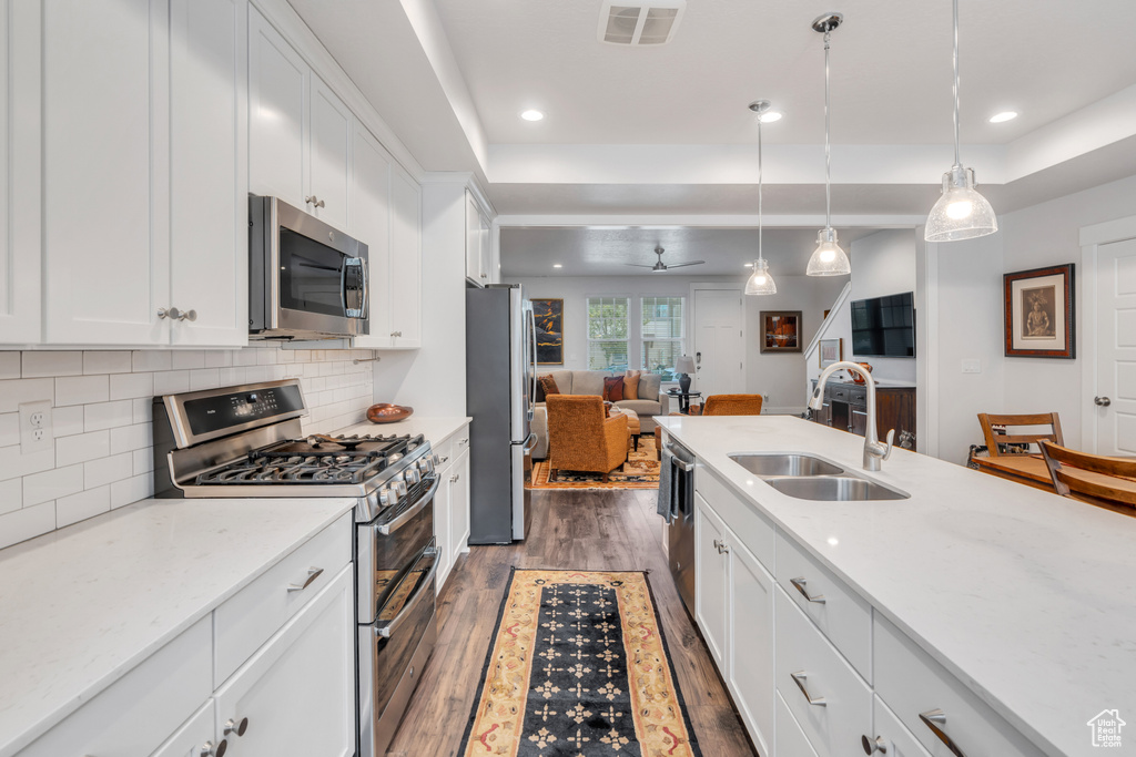 Kitchen featuring a sink, stainless steel appliances, a raised ceiling, and visible vents
