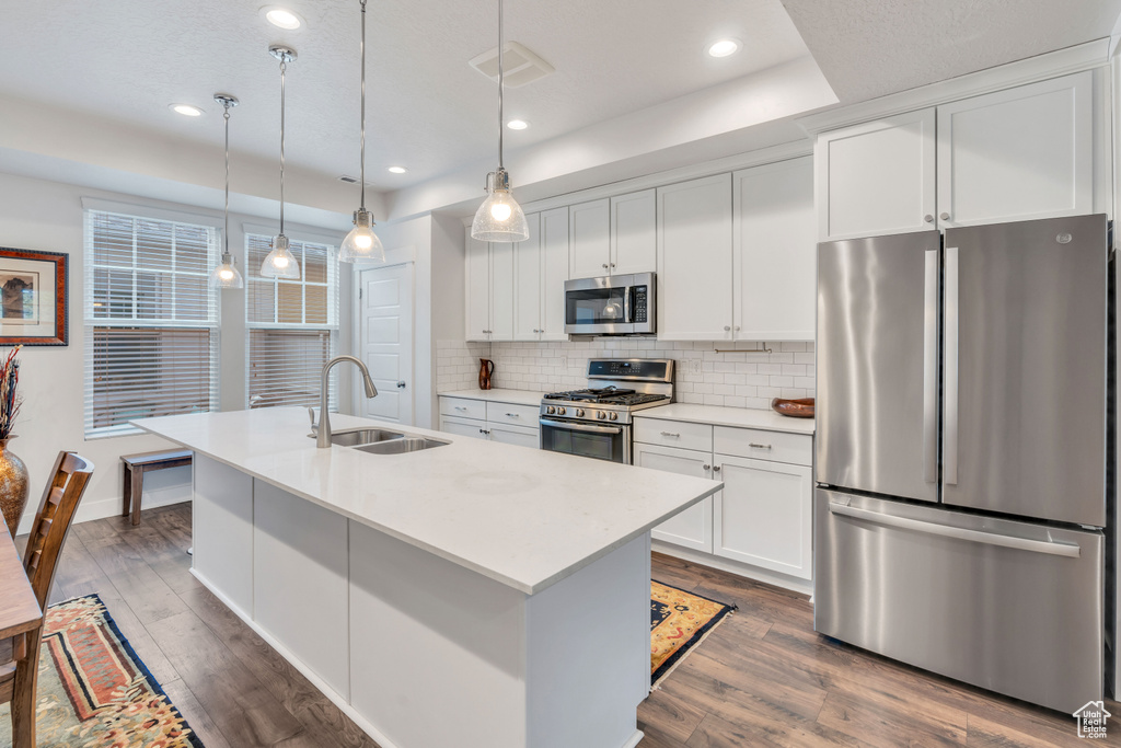 Kitchen featuring a sink, decorative backsplash, appliances with stainless steel finishes, and dark wood finished floors