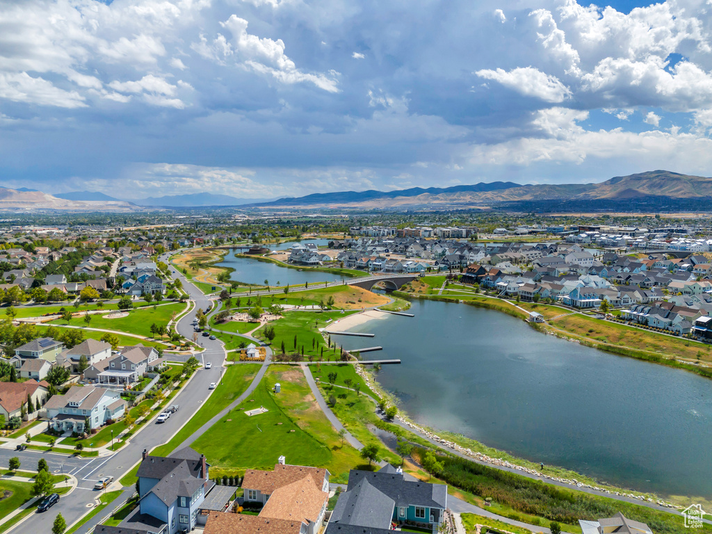 Aerial view with a residential view and a water and mountain view