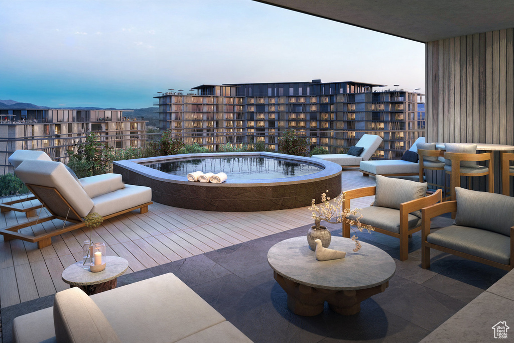 Exterior space with a hot tub