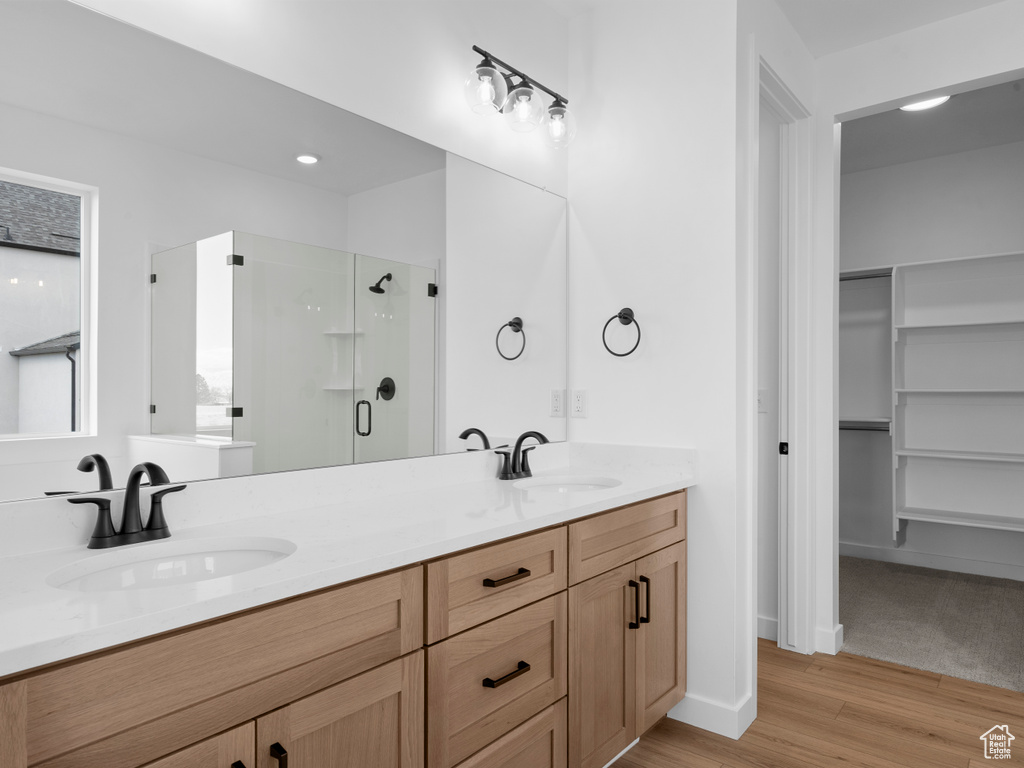 Bathroom with a shower stall, a spacious closet, wood finished floors, and a sink
