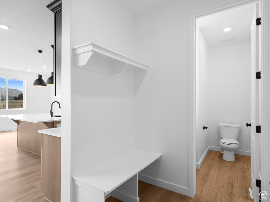 Bathroom featuring toilet, a sink, wood finished floors, recessed lighting, and baseboards