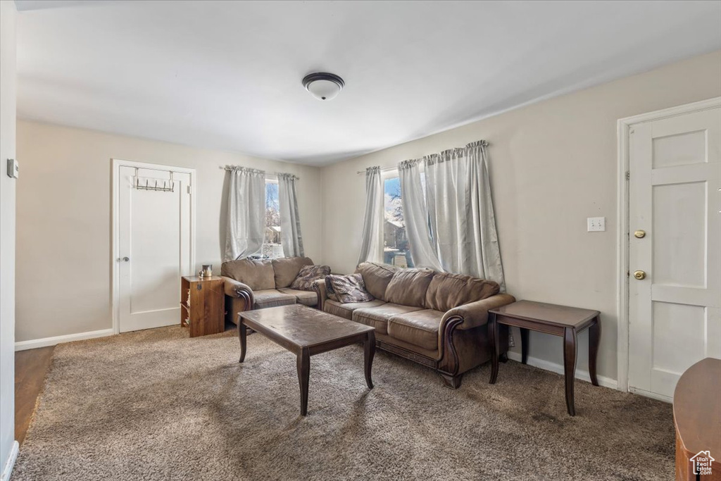 Carpeted living area with baseboards