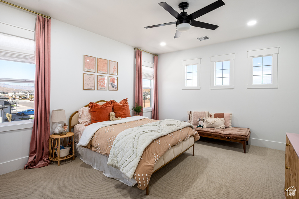 Bedroom with visible vents, baseboards, ceiling fan, carpet flooring, and recessed lighting