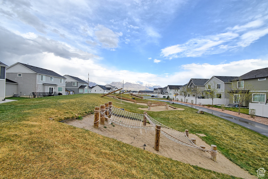 View of yard with fence and a residential view