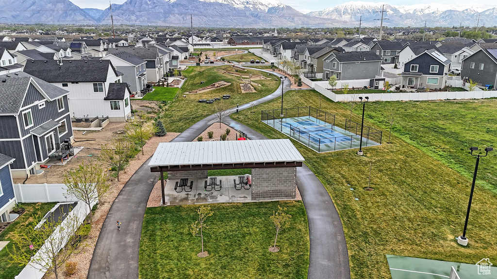 Birds eye view of property with a mountain view and a residential view
