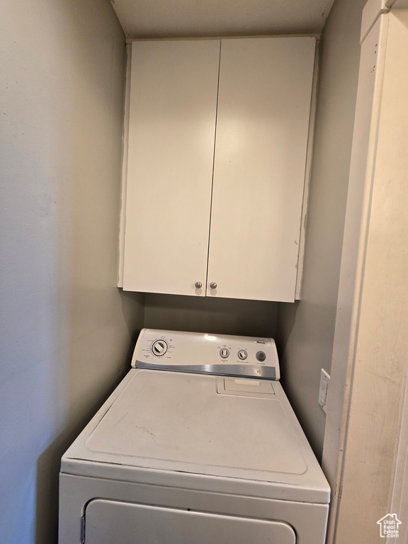 Laundry area featuring cabinet space and washer / dryer