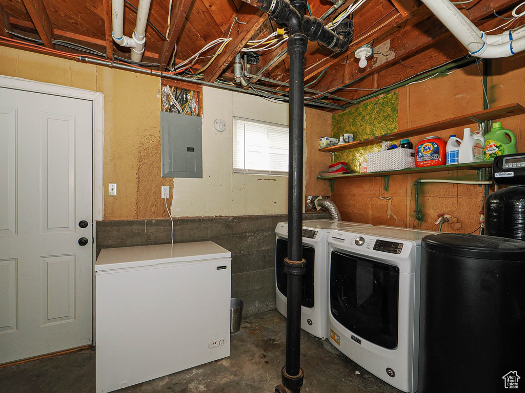 Laundry area featuring electric panel and separate washer and dryer