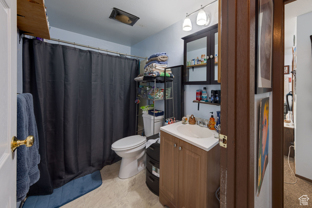 Bathroom with vanity, toilet, and a shower with shower curtain