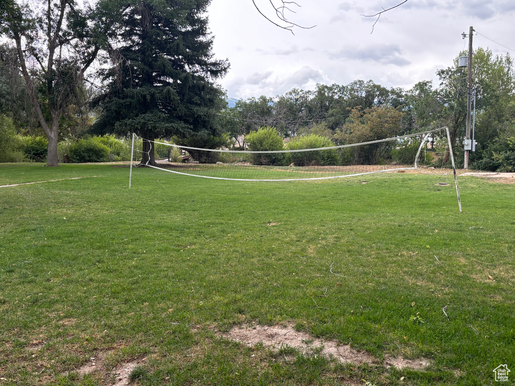 View of home's community featuring a lawn and volleyball court