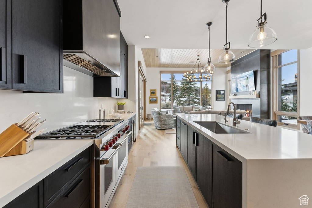 Kitchen featuring a sink, double oven range, dark cabinetry, range hood, and light countertops
