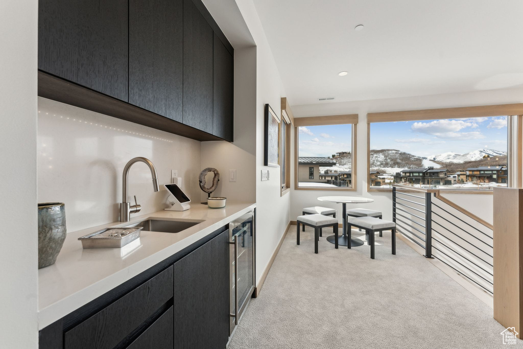 Kitchen with light countertops, light carpet, dark cabinets, and a sink