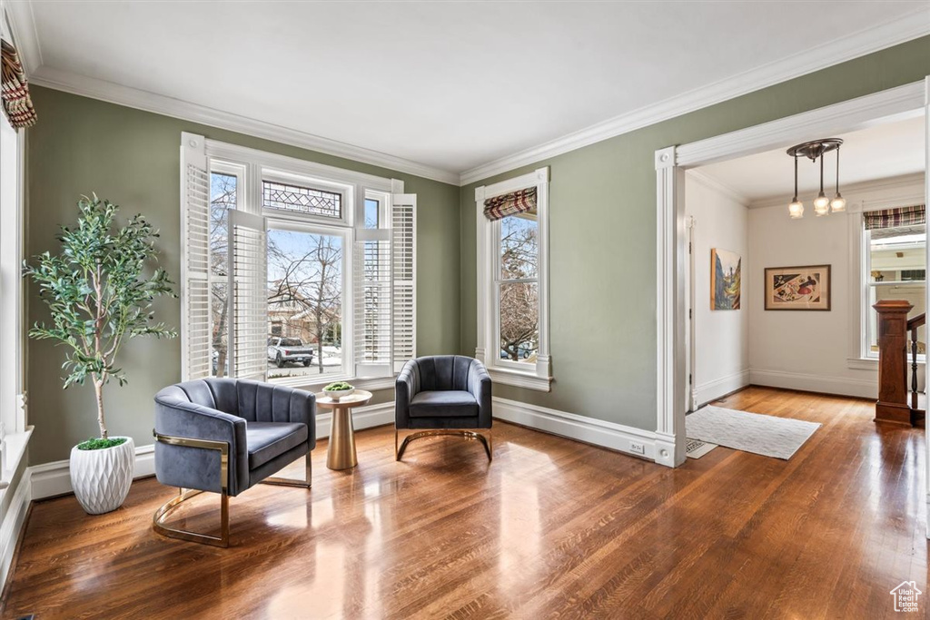 Sitting room with wood finished floors, crown molding, a healthy amount of sunlight, and baseboards