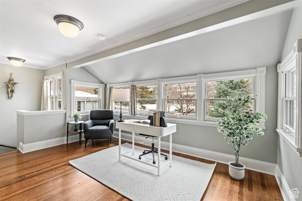 Office area featuring plenty of natural light, wood finished floors, and baseboards