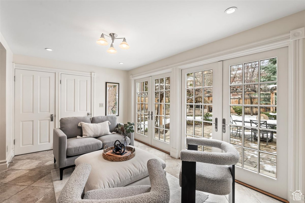 Living area featuring recessed lighting and french doors
