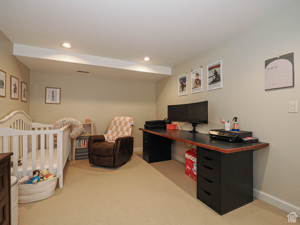 Carpeted bedroom featuring recessed lighting, visible vents, and baseboards