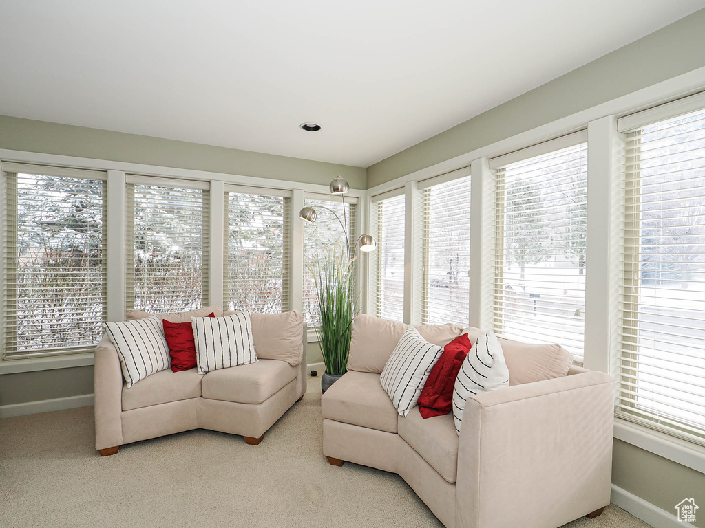 Living area featuring baseboards, carpet, and a healthy amount of sunlight