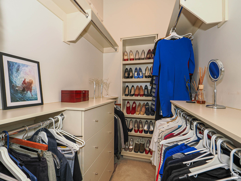Walk in closet featuring light carpet