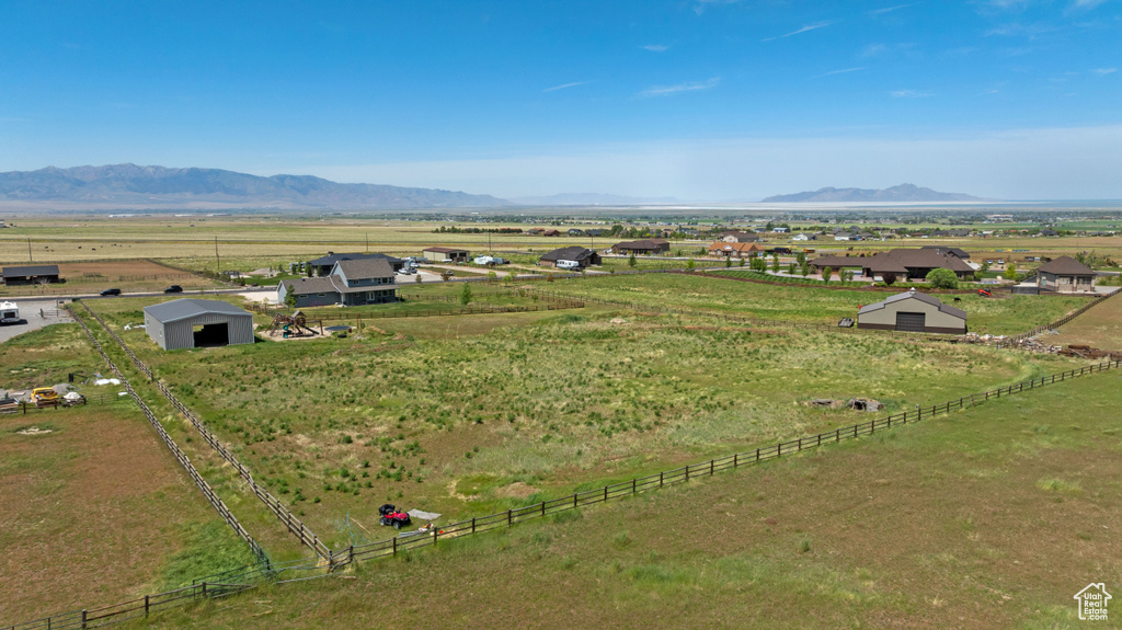 Overview of rural landscape with mountains and a pastoral area