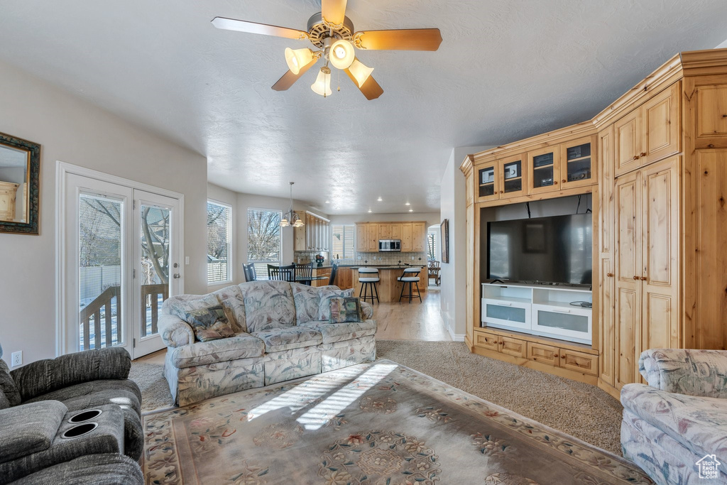 Living area featuring a ceiling fan