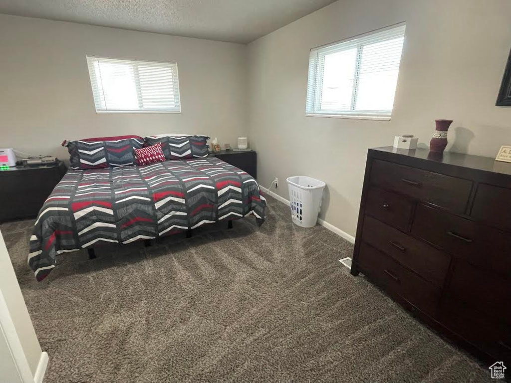 Carpeted bedroom featuring multiple windows and a textured ceiling