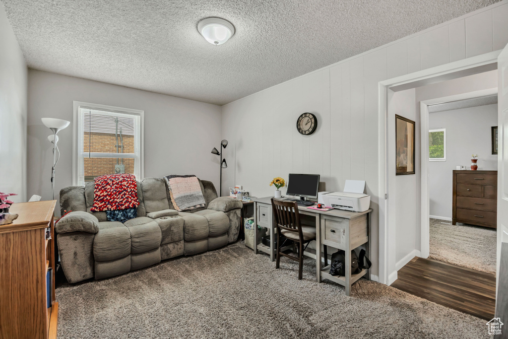 Carpeted office with a textured ceiling and wood finished floors