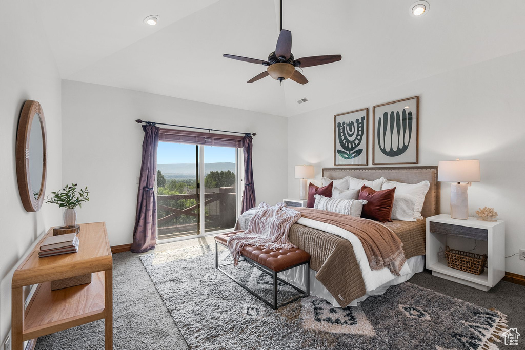 Bedroom featuring access to exterior, carpet flooring, and ceiling fan